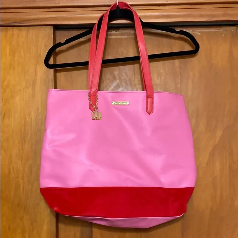 Juicy Couture “Just Say Oui!” Pink Red Glossy + Velvet Tote Bag w/ Charm Gold